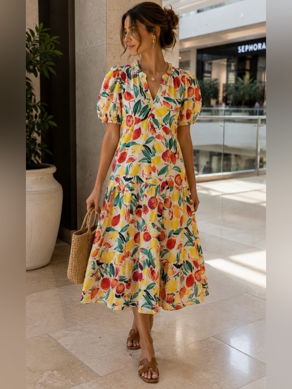 Donna Morgan Yellow Fruit-Print Puff-Sleeve Midi Dress size 6 98% cotton